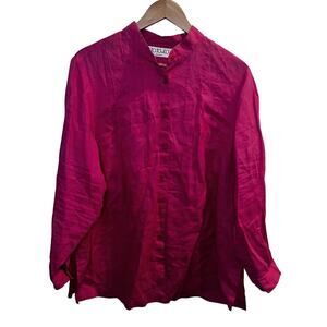 TOTOnKO Shirt Womens 1X Pink 100% Linen Button Up Long Sleeve Lightweight Blouse